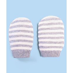 Babyhug 100% Cotton Organic Woollen Striped Caps With Mittens  - Grey & White