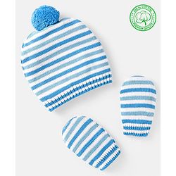 Babyhug 100% Organic Woollen Cap & Mittens With Pom Pom Applique & Strips Design Orange - Diameter 9.5 cm