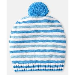 Babyhug 100% Organic Woollen Cap & Mittens With Pom Pom Applique & Strips Design Orange - Diameter 9.5 cm