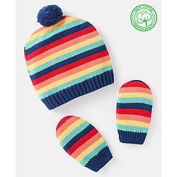 Babyhug 100% Organic Woollen Cap & Mittens With Pom Pom Applique & Strips Design Navy Blue - Diameter 9.5 cm