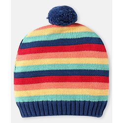 Babyhug 100% Organic Woollen Cap & Mittens With Pom Pom Applique & Strips Design Navy Blue - Diameter 9.5 cm