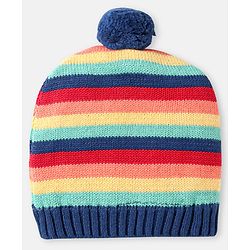Babyhug 100% Organic Woollen Cap & Mittens With Pom Pom Applique & Strips Design Navy Blue - Diameter 9.5 cm