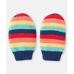 Babyhug 100% Organic Woollen Cap & Mittens With Pom Pom Applique & Strips Design Navy Blue - Diameter 9.5 cm
