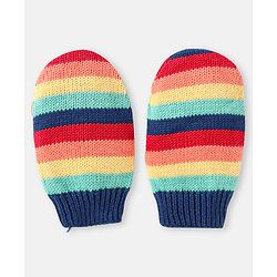 Babyhug 100% Organic Woollen Cap & Mittens With Pom Pom Applique & Strips Design Navy Blue - Diameter 9.5 cm