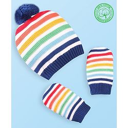 Babyhug Organic Woolen Striped Design Pom Pom Applique Cap With Mittens  Navy - Diameter 10.5