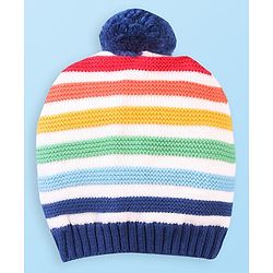 Babyhug Organic Woolen Striped Design Pom Pom Applique Cap With Mittens  Navy - Diameter 10.5