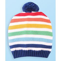 Babyhug Organic Woolen Striped Design Pom Pom Applique Cap With Mittens  Navy - Diameter 10.5
