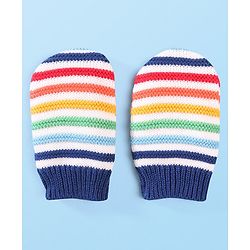 Babyhug Organic Woolen Striped Design Pom Pom Applique Cap With Mittens  Navy - Diameter 10.5