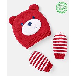 Babyhug 100% Organic Woollen Bear Cap & Mittens With Strips Design Red - Diameter 9.5 cm