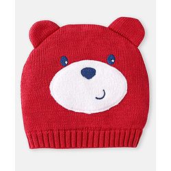 Babyhug 100% Organic Woollen Bear Cap & Mittens With Strips Design Red - Diameter 9.5 cm