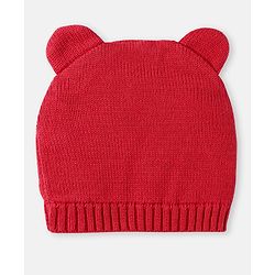 Babyhug 100% Organic Woollen Bear Cap & Mittens With Strips Design Red - Diameter 9.5 cm