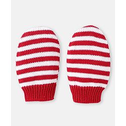 Babyhug 100% Organic Woollen Bear Cap & Mittens With Strips Design Red - Diameter 9.5 cm