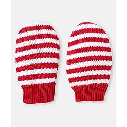 Babyhug 100% Organic Woollen Bear Cap & Mittens With Strips Design Red - Diameter 9.5 cm