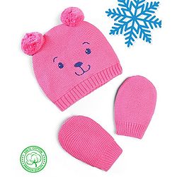 Babyhug 100% Cotton Organic Woollen  Caps With Mittens Bear Print - Pink