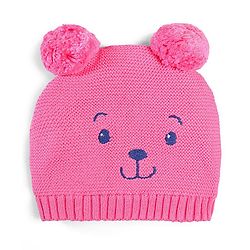 Babyhug 100% Cotton Organic Woollen  Caps With Mittens Bear Print - Pink