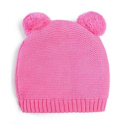 Babyhug 100% Cotton Organic Woollen  Caps With Mittens Bear Print - Pink