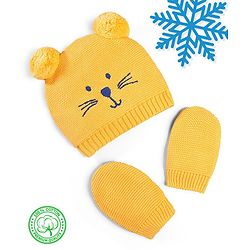 Babyhug 100% Cotton Organic Woollen Caps With Mittens Bear Print - Yellow