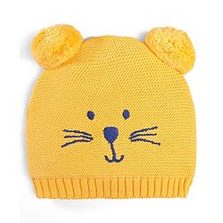 Babyhug 100% Cotton Organic Woollen Caps With Mittens Bear Print - Yellow