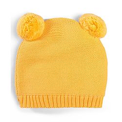 Babyhug 100% Cotton Organic Woollen Caps With Mittens Bear Print - Yellow