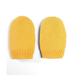 Babyhug 100% Cotton Organic Woollen Caps With Mittens Bear Print - Yellow