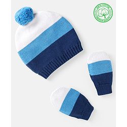 Babyhug 100% Organic Woollen Bear Cap & Mittens With Pom Pom Applique & Strips Design Blue & White - Diameter 9.5 cm