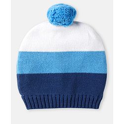 Babyhug 100% Organic Woollen Bear Cap & Mittens With Pom Pom Applique & Strips Design Blue & White - Diameter 9.5 cm