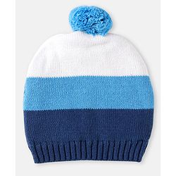 Babyhug 100% Organic Woollen Bear Cap & Mittens With Pom Pom Applique & Strips Design Blue & White - Diameter 9.5 cm