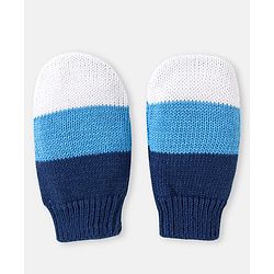 Babyhug 100% Organic Woollen Bear Cap & Mittens With Pom Pom Applique & Strips Design Blue & White - Diameter 9.5 cm