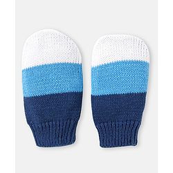 Babyhug 100% Organic Woollen Bear Cap & Mittens With Pom Pom Applique & Strips Design Blue & White - Diameter 9.5 cm