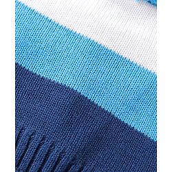 Babyhug 100% Organic Woollen Bear Cap & Mittens With Pom Pom Applique & Strips Design Blue & White - Diameter 9.5 cm