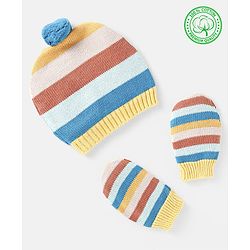 Babyhug 100% Organic Woollen Cap & Mittens With Pom Pom & Strips Design Blue & Brown - Diameter 9.5 cm