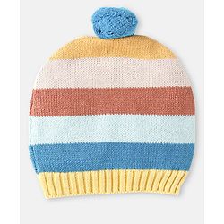 Babyhug 100% Organic Woollen Cap & Mittens With Pom Pom & Strips Design Blue & Brown - Diameter 9.5 cm