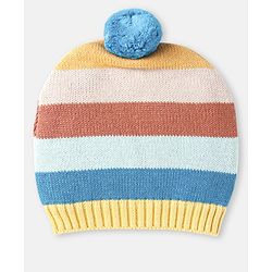 Babyhug 100% Organic Woollen Cap & Mittens With Pom Pom & Strips Design Blue & Brown - Diameter 9.5 cm