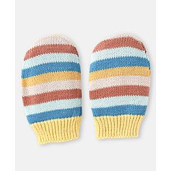 Babyhug 100% Organic Woollen Cap & Mittens With Pom Pom & Strips Design Blue & Brown - Diameter 9.5 cm