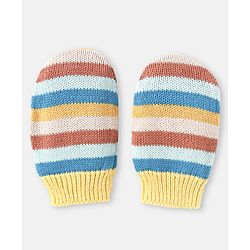 Babyhug 100% Organic Woollen Cap & Mittens With Pom Pom & Strips Design Blue & Brown - Diameter 9.5 cm