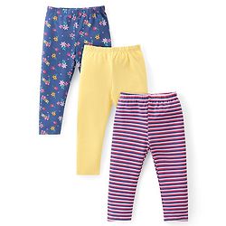 Babyhug Cotton Lycra Knit Stretchable Leggings Floral Print Pack of 3 - Blue & Yellow