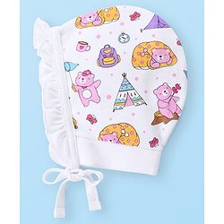 Babyhug 100% Cotton Cap with Knot Polka Dot & Bear Print Pack of 2 - Pink