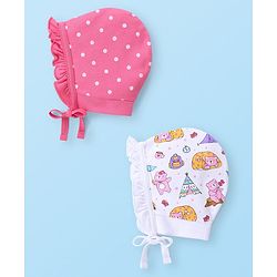 Babyhug 100% Cotton Bonnet Cap with Knot Polka Dot & Bear Print Pack of 2 - Pink