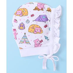 Babyhug 100% Cotton Bonnet Cap with Knot Polka Dot & Bear Print Pack of 2 - Pink