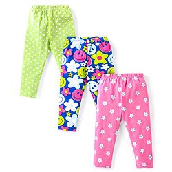 Babyhug Cotton Lycra Knit Full Length Leggings With Floral & Polka Dots Print Pack Of 3 - Lime Blue & Pink