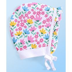 Babyhug 100% Cotton Interlock Knit Bonnet Cap With Polka Dots & Floral Print Pack of 2 - Pink & White