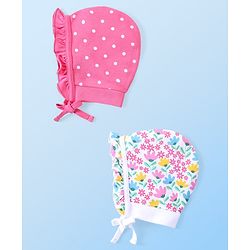 Babyhug 100% Cotton Interlock Knit Bonnet Cap With Polka Dots & Floral Print Pack of 2 - Pink & White