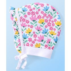Babyhug 100% Cotton Interlock Knit Bonnet Cap With Polka Dots & Floral Print Pack of 2 - Pink & White