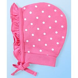 Babyhug 100% Cotton Interlock Knit Bonnet Cap With Polka Dots & Floral Print Pack of 2 - Pink & White