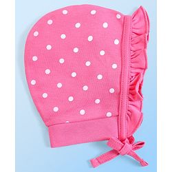 Babyhug 100% Cotton Interlock Knit Bonnet Cap With Polka Dots & Floral Print Pack of 2 - Pink & White