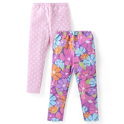 Babyhug Cotton Lycra Knit Full Length Stretchable Leggings  with Floral & Polka Dots Print Pack of 2 - Multicolour