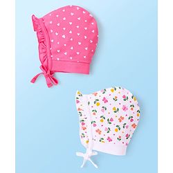 Babyhug 100% Cotton Interlock Knit Caps With Hearts & Floral Print Pack of 2 - Pink & White