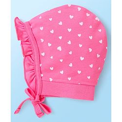 Babyhug 100% Cotton Interlock Knit Caps With Hearts & Floral Print Pack of 2 - Pink & White