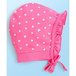 Babyhug 100% Cotton Interlock Knit Caps With Hearts & Floral Print Pack of 2 - Pink & White