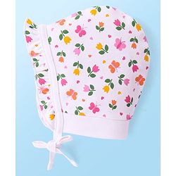 Babyhug 100% Cotton Interlock Knit Caps With Hearts & Floral Print Pack of 2 - Pink & White